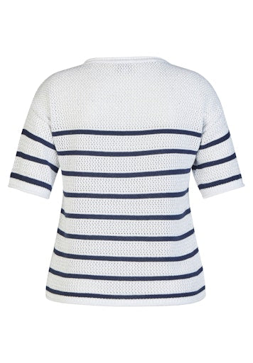 Rabe White Lurex Knit Stripe Short Sleeve Sweater