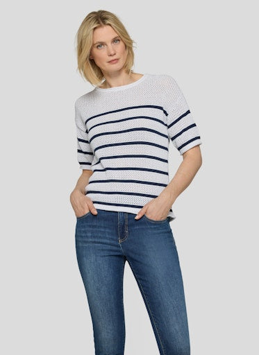 Rabe White Lurex Knit Stripe Short Sleeve Sweater