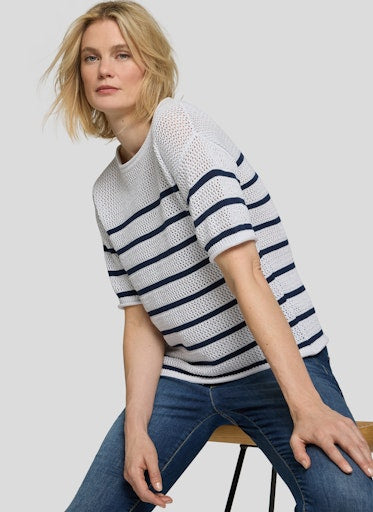Rabe White Lurex Knit Stripe Short Sleeve Sweater