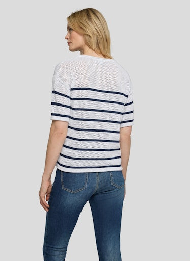 Rabe White Lurex Knit Stripe Short Sleeve Sweater
