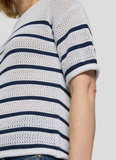 Rabe White Lurex Knit Stripe Short Sleeve Sweater