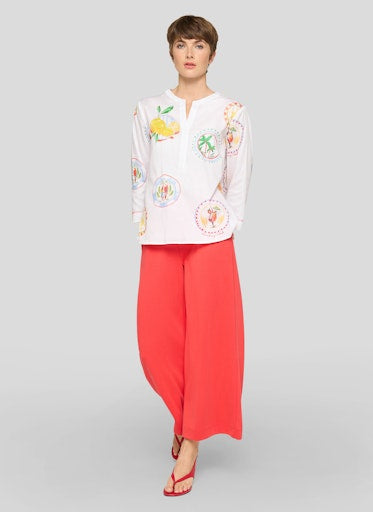 Rabe White Sicilia Print Cotton Top with Tunic Neckline, 3/4 Sleeve