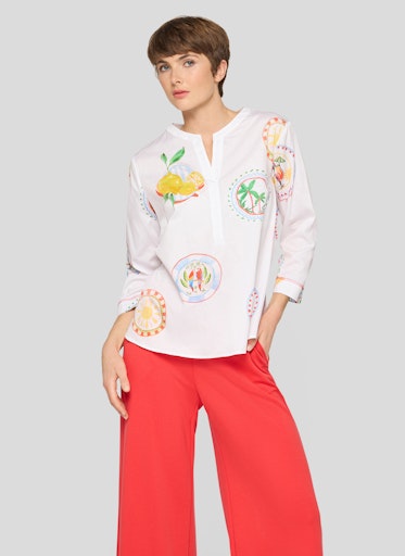 Rabe White Sicilia Print Cotton Top with Tunic Neckline, 3/4 Sleeve