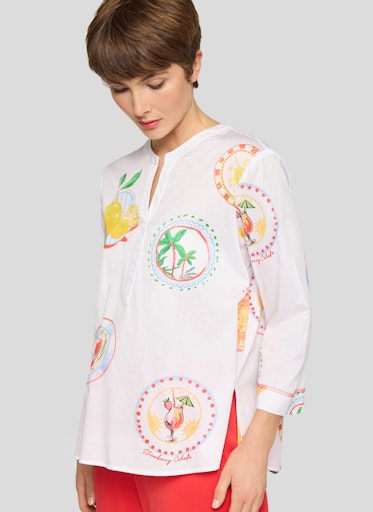 Rabe White Sicilia Print Cotton Top with Tunic Neckline, 3/4 Sleeve