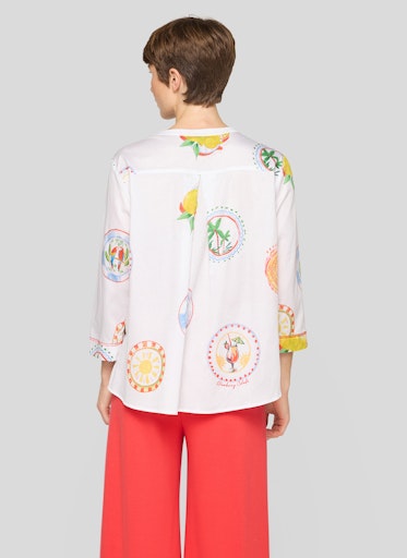 Rabe White Sicilia Print Cotton Top with Tunic Neckline, 3/4 Sleeve