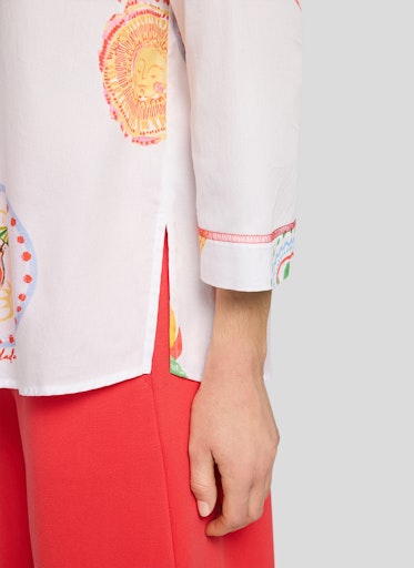 Rabe White Sicilia Print Cotton Top with Tunic Neckline, 3/4 Sleeve