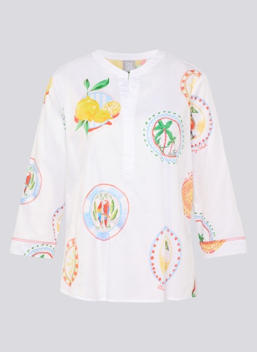 Rabe White Sicilia Print Cotton Top with Tunic Neckline, 3/4 Sleeve