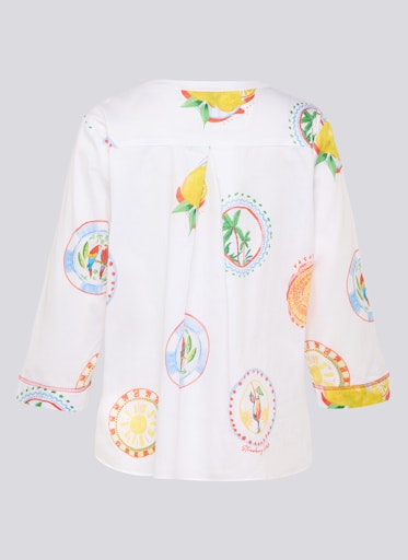 Rabe White Sicilia Print Cotton Top with Tunic Neckline, 3/4 Sleeve