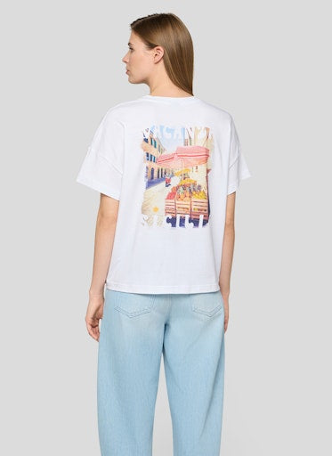 Rabe White Short-Sleeve T-Shirt with Sequin Moped and Sicily Market Back Print