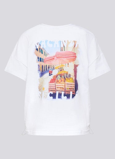 Rabe White Short-Sleeve T-Shirt with Sequin Moped and Sicily Market Back Print