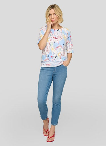 Rabe White Multi Word Print T-Shirt – Short Sleeve, Elasticated Round Neck