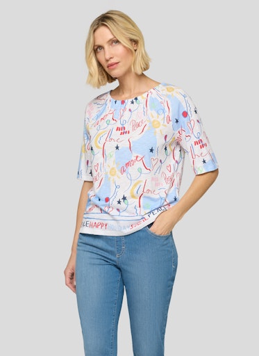 Rabe White Multi Word Print T-Shirt – Short Sleeve, Elasticated Round Neck
