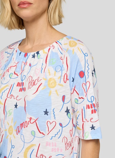 Rabe White Multi Word Print T-Shirt – Short Sleeve, Elasticated Round Neck