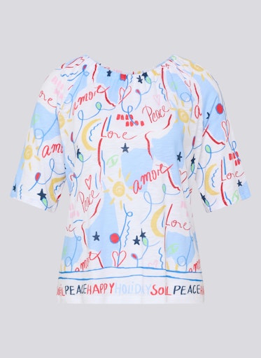 Rabe White Multi Word Print T-Shirt – Short Sleeve, Elasticated Round Neck
