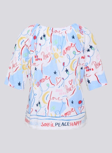 Rabe White Multi Word Print T-Shirt – Short Sleeve, Elasticated Round Neck