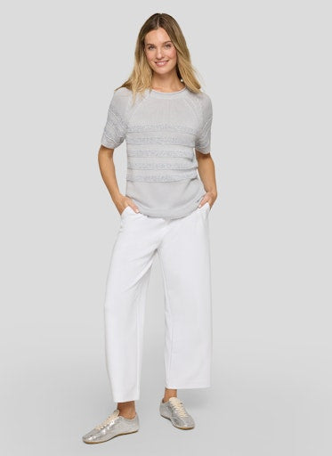 Rabe Light Grey Knit Sweater Round Neck Short Sleeve with Lurex Stripe Detail 56-117611