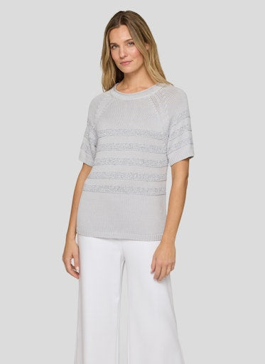 Rabe Light Grey Knit Sweater Round Neck Short Sleeve with Lurex Stripe Detail 56-117611