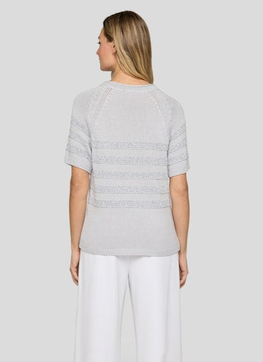 Rabe Light Grey Knit Sweater Round Neck Short Sleeve with Lurex Stripe Detail 56-117611