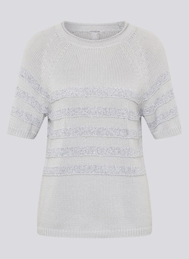 Rabe Light Grey Knit Sweater Round Neck Short Sleeve with Lurex Stripe Detail 56-117611