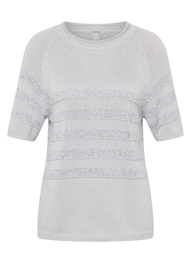 Rabe Light Grey Knit Sweater Round Neck Short Sleeve with Lurex Stripe Detail 56-117611