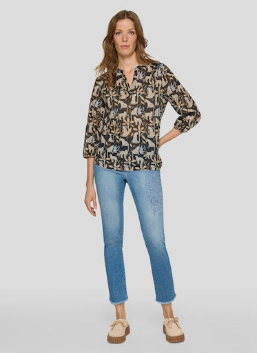Rabe Black Leopard Print Cotton Blouse, Open V-Neck 3/4 Sleeve Top 56-118102