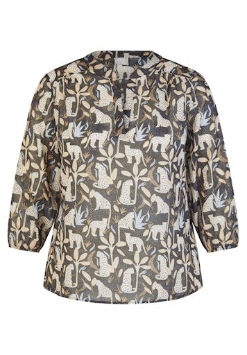 Rabe Black Leopard Print Cotton Blouse, Open V-Neck 3/4 Sleeve Top 56-118102