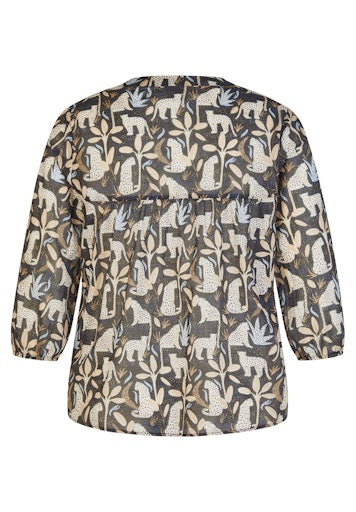 Rabe Black Leopard Print Cotton Blouse, Open V-Neck 3/4 Sleeve Top 56-118102