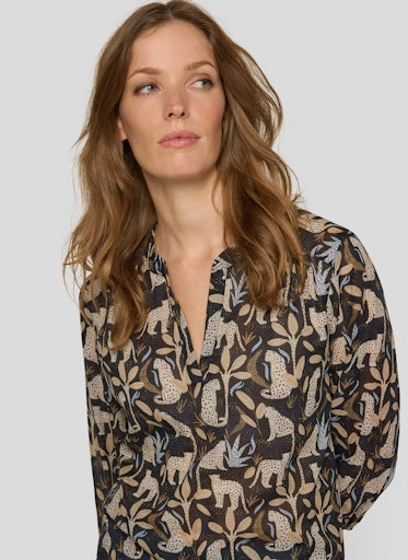 Rabe Black Leopard Print Cotton Blouse, Open V-Neck 3/4 Sleeve Top 56-118102