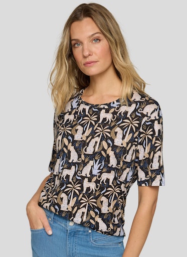 Rabe Black Leopard Print Round Neck Short Sleeve Top 56-118358