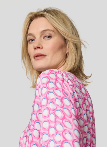 Rabe Pink Circle Print Viscose Top – 3/4 Sleeve Open V-Neck 56-117108