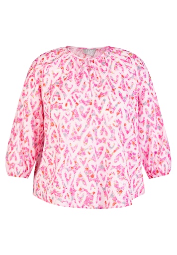 Rabe Pink Heart Print Cotton Blouse – 3/4 Sleeve Tie-Neck Top 56-117103