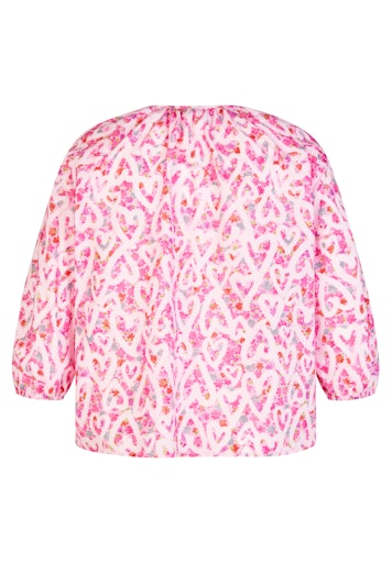 Rabe Pink Heart Print Cotton Blouse – 3/4 Sleeve Tie-Neck Top 56-117103