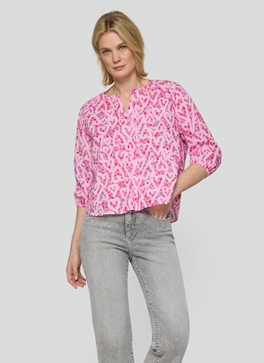 Rabe Pink Heart Print Cotton Blouse – 3/4 Sleeve Tie-Neck Top 56-117103