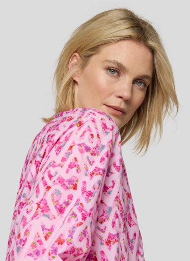 Rabe Pink Heart Print Cotton Blouse – 3/4 Sleeve Tie-Neck Top 56-117103