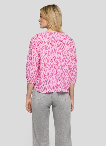Rabe Pink Heart Print Cotton Blouse – 3/4 Sleeve Tie-Neck Top 56-117103