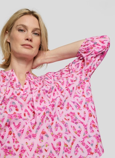 Rabe Pink Heart Print Cotton Blouse – 3/4 Sleeve Tie-Neck Top 56-117103