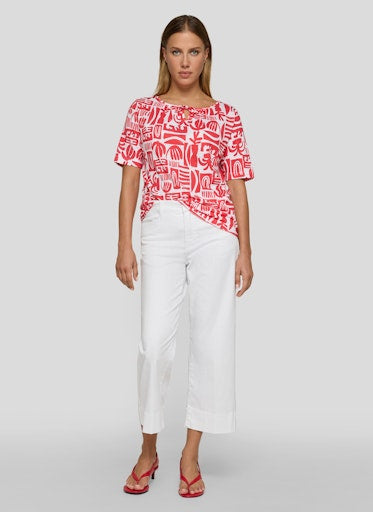 Rabe Coral & White Print Top – Short Sleeve, Open Neck with Tie