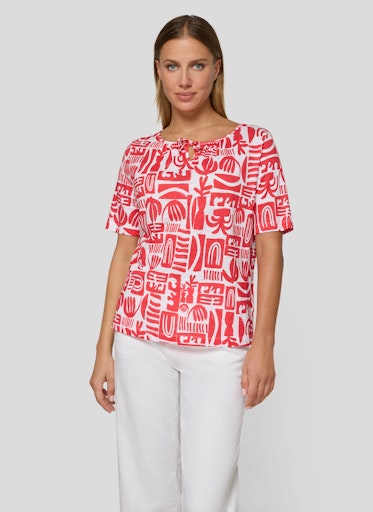 Rabe Coral & White Print Top – Short Sleeve, Open Neck with Tie