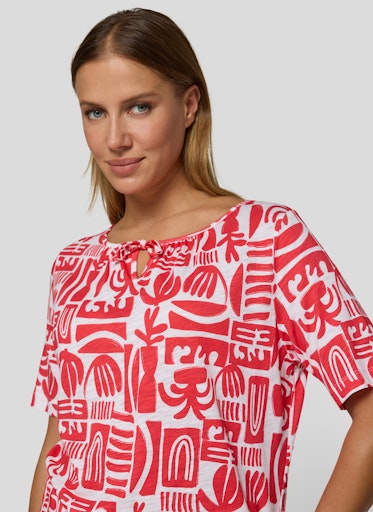 Rabe Coral & White Print Top – Short Sleeve, Open Neck with Tie