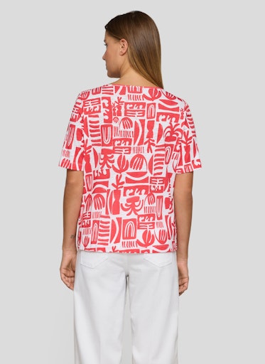 Rabe Coral & White Print Top – Short Sleeve, Open Neck with Tie
