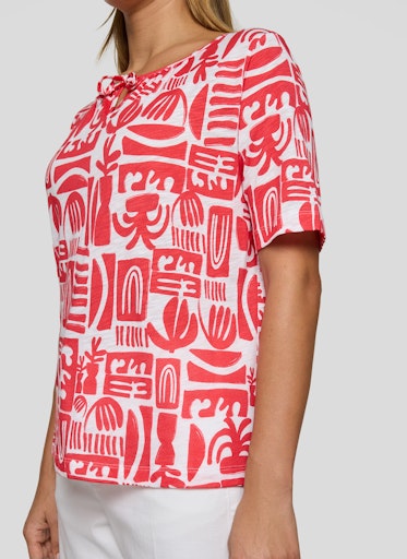 Rabe Coral & White Print Top – Short Sleeve, Open Neck with Tie