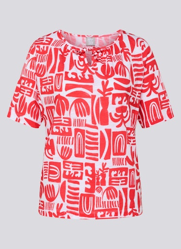 Rabe Coral & White Print Top – Short Sleeve, Open Neck with Tie