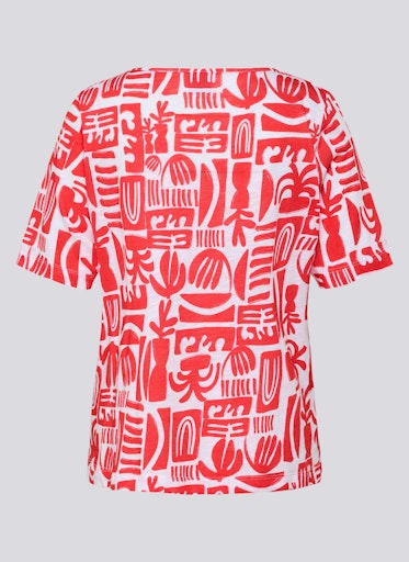 Rabe Coral & White Print Top – Short Sleeve, Open Neck with Tie