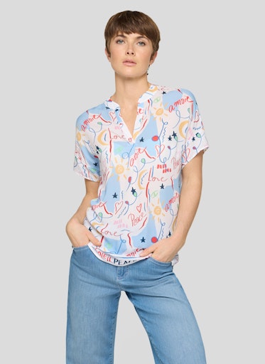 Rabe Azure Multi Print V-Neck Top – Short Sleeve, Relaxed Fit