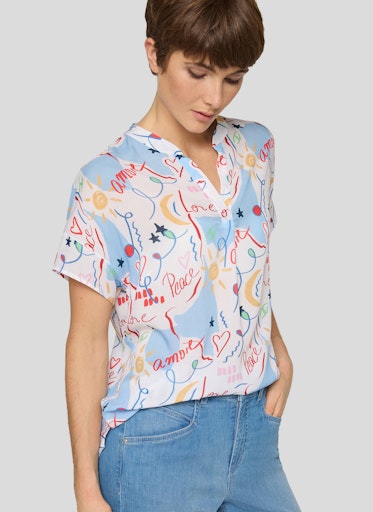 Rabe Azure Multi Print V-Neck Top – Short Sleeve, Relaxed Fit