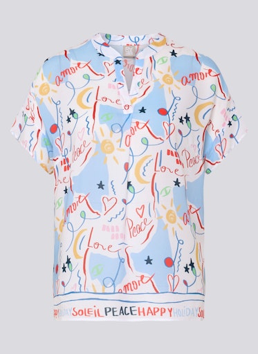 Rabe Azure Multi Print V-Neck Top – Short Sleeve, Relaxed Fit