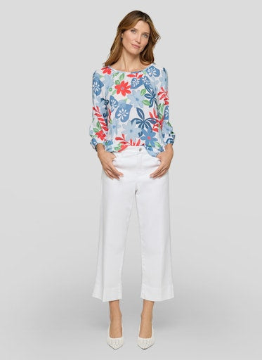 Rabe Azure Floral Leaf Print Top – Elasticated Round Neck, 3/4 Sleeve