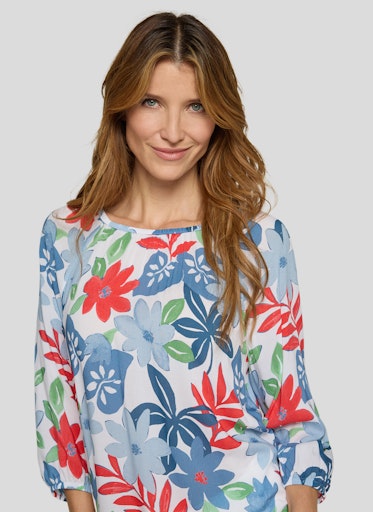 Rabe Azure Floral Leaf Print Top – Elasticated Round Neck, 3/4 Sleeve