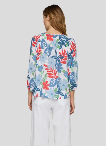 Rabe Azure Floral Leaf Print Top – Elasticated Round Neck, 3/4 Sleeve