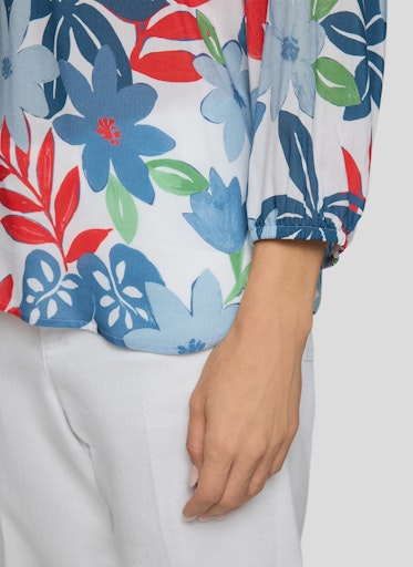 Rabe Azure Floral Leaf Print Top – Elasticated Round Neck, 3/4 Sleeve